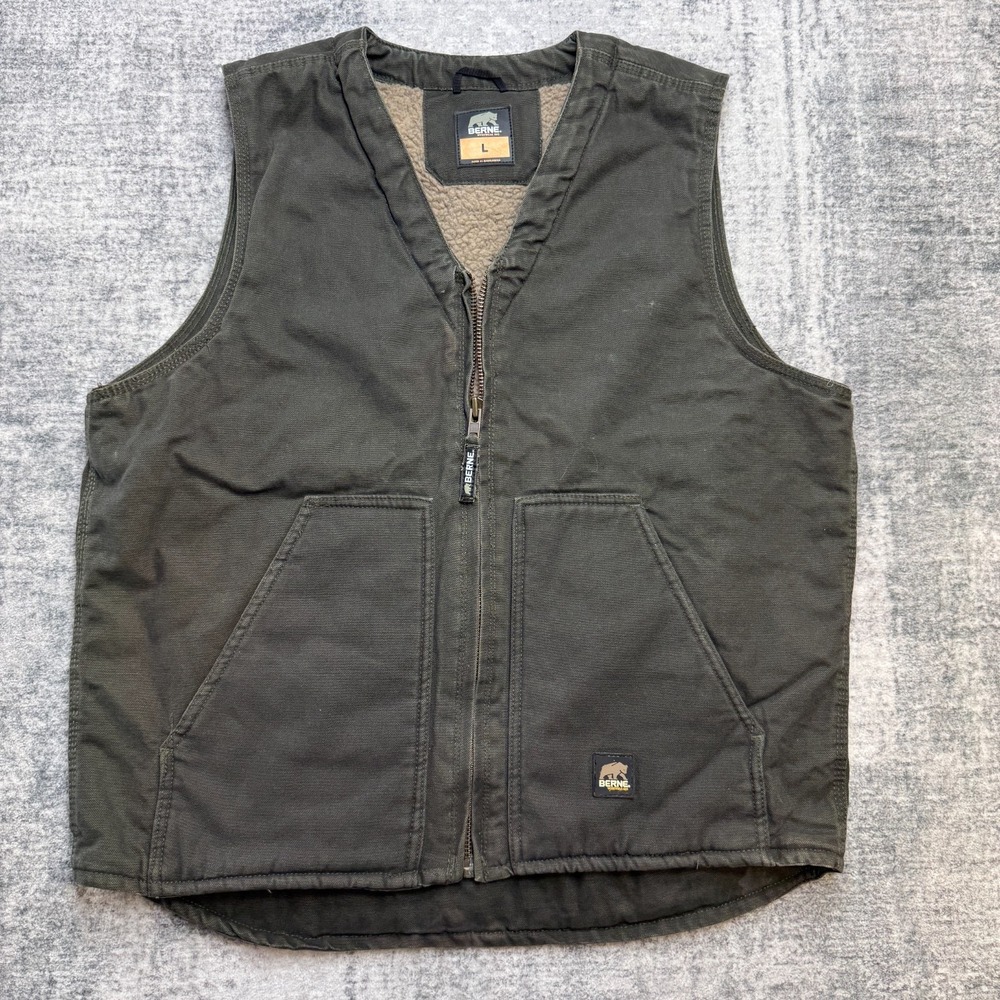 Berne Workwear Vest Mens Large Dark Olive Canvas Sherpa Fleece Lined Chore Field